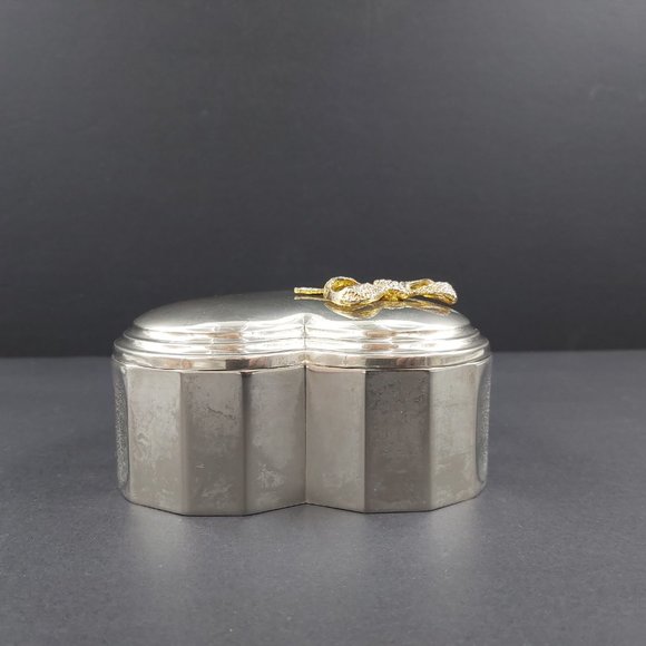 Zinc Alloy Silver Plated Heart Shaped Trinket Box with Gold  Bow 4 x 4 x 2 inch - Picture 10 of 14